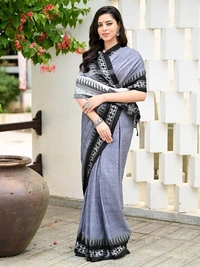 Handloom Cross Woven Border Saree - Silver, Cotton, Cotton