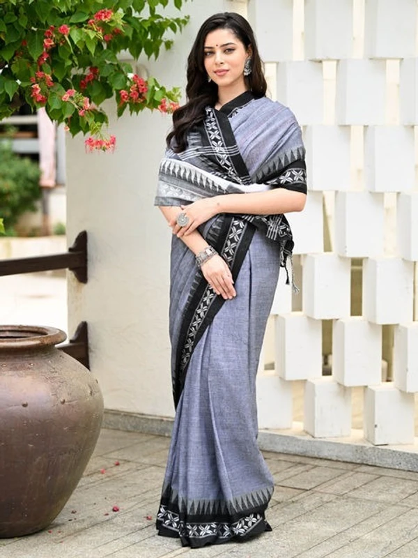 Handloom Cross Woven Border Saree - Silver, Cotton, Cotton (CK)