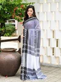 Handloom Cross Woven Border Saree - Silver, Cotton, Cotton