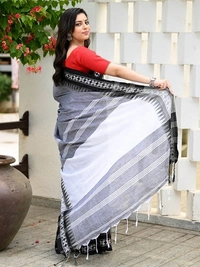 Handloom Cross Woven Border Saree - Silver, Cotton, Cotton