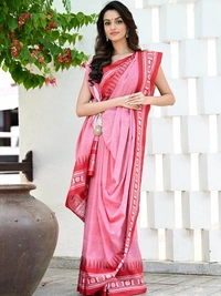 Handloom Cross Woven Border Saree - Pink Salmon, Cotton, Cotton