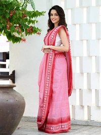 Handloom Cross Woven Border Saree - Pink Salmon, Cotton, Cotton