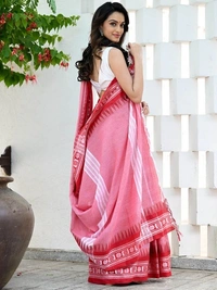 Handloom Cross Woven Border Saree - Pink Salmon, Cotton, Cotton