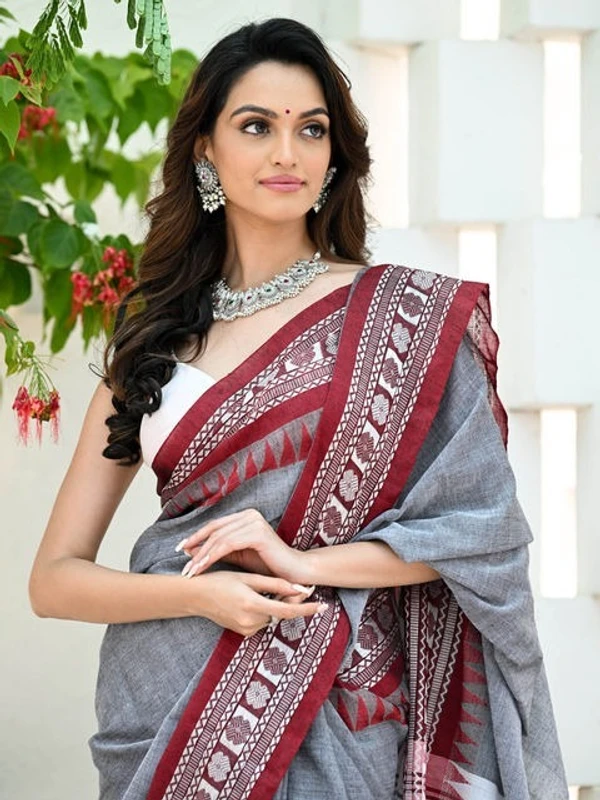 Handloom Cross Woven Border Saree - Silver, Cotton, Cotton (CK)