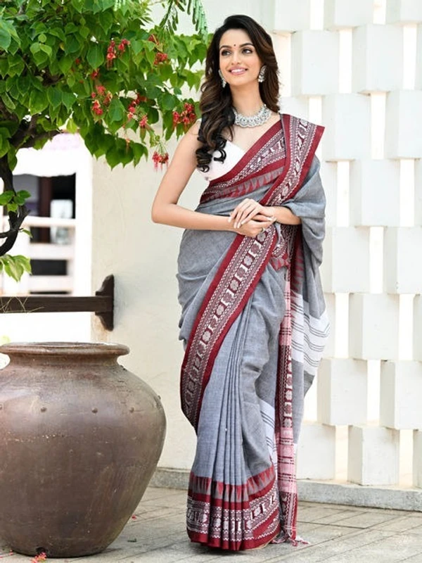 Handloom Cross Woven Border Saree - Silver, Cotton, Cotton (CK)