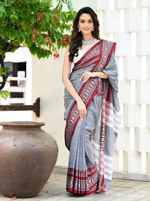 Handloom Cross Woven Border Saree - Silver, Cotton, Cotton (CK)