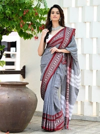 Handloom Cross Woven Border Saree - Silver, Cotton, Cotton (CK)