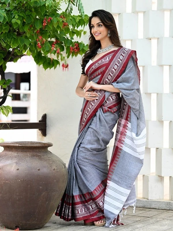 Handloom Cross Woven Border Saree - Silver, Cotton, Cotton (CK)