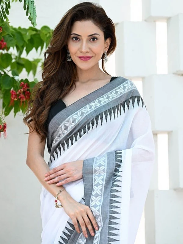 Handloom Cross Woven Border Saree - White, Cotton, Cotton (CK)