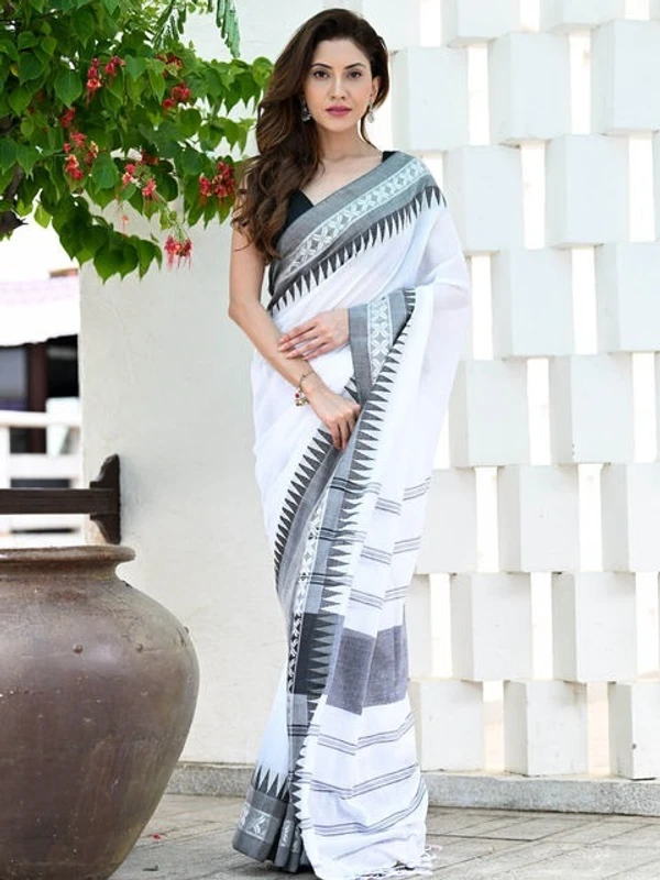 Handloom Cross Woven Border Saree - White, Cotton, Cotton (CK)