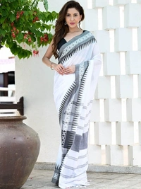 Handloom Cross Woven Border Saree - White, Cotton, Cotton