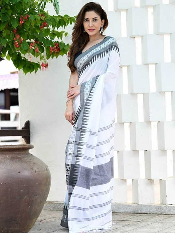 Handloom Cross Woven Border Saree - White, Cotton, Cotton (CK)