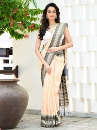 Handloom Cross Woven Border Saree - Peach, Cotton, Cotton