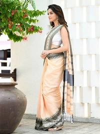 Handloom Cross Woven Border Saree - Peach, Cotton, Cotton