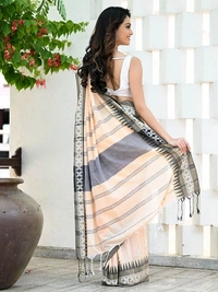 Handloom Cross Woven Border Saree - Peach, Cotton, Cotton