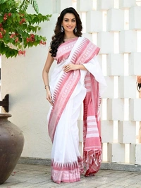 Handloom Cross Woven Border Saree - White & Red, Cotton, Cotton (CK)