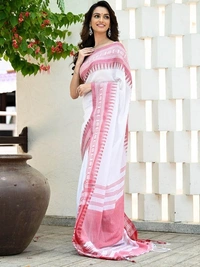 Handloom Cross Woven Border Saree - White & Red, Cotton, Cotton (CK)