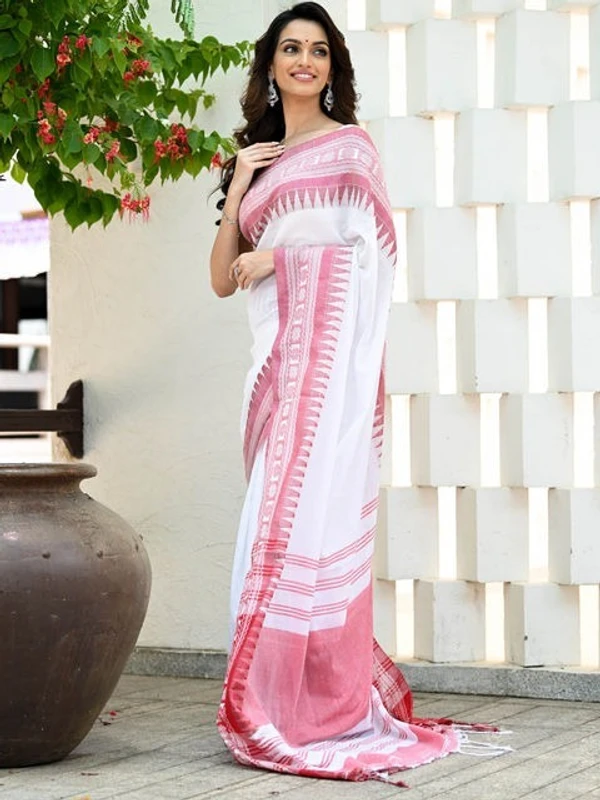 Handloom Cross Woven Border Saree - White & Red, Cotton, Cotton (CK)