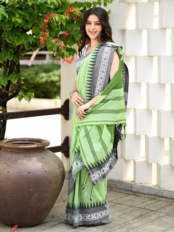 Handloom Cross Woven Border Saree - Granny Smith Apple, Cotton, Cotton (CK)