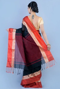 Handloom Cotton Bengali Tant Saree - Black & Red