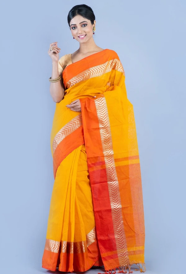 Handloom Cotton Bengali Tant Saree - Yellow Orange