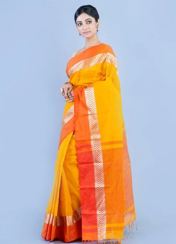 Handloom Cotton Bengali Tant Saree - Yellow Orange