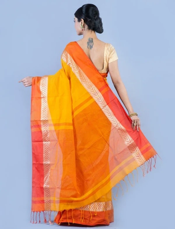 Handloom Cotton Bengali Tant Saree - Yellow Orange