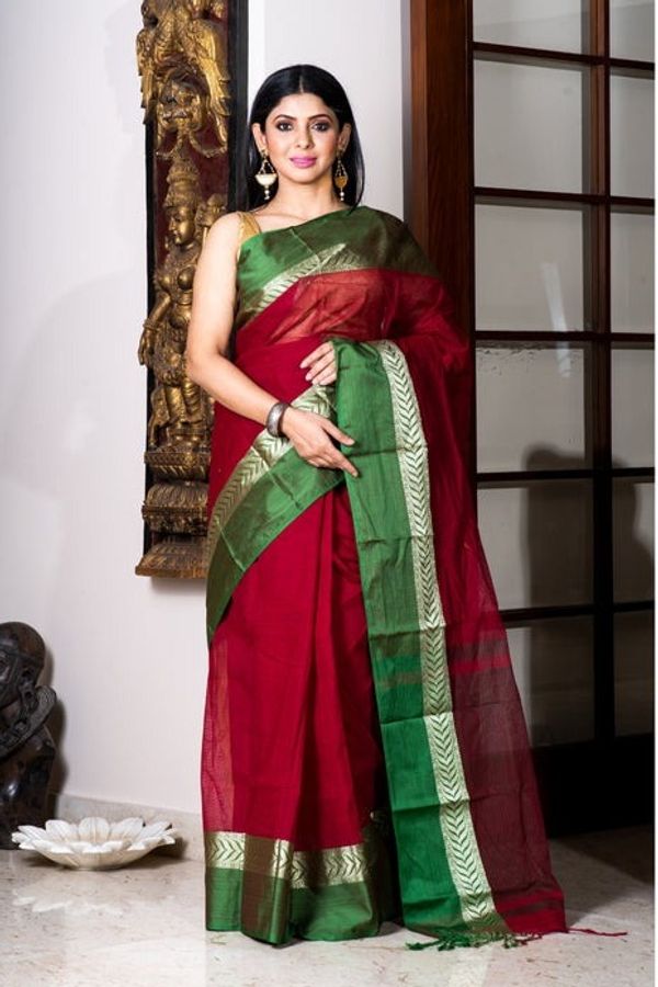 Handloom Cotton Bengali Tant Saree - Maroon & Green