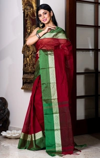Handloom Cotton Bengali Tant Saree - Maroon & Green