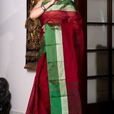 Handloom Cotton Bengali Tant Saree - Maroon & Green