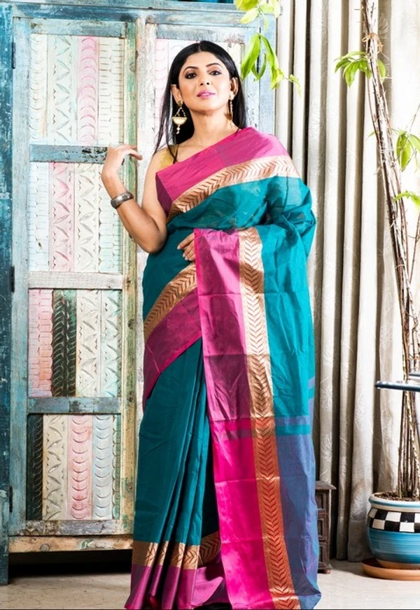 Handloom Cotton Bengali Tant Saree - Sea Green