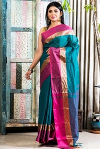 Handloom Cotton Bengali Tant Saree - Sea Green