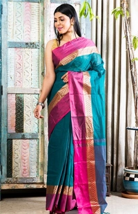 Handloom Cotton Bengali Tant Saree - Sea Green