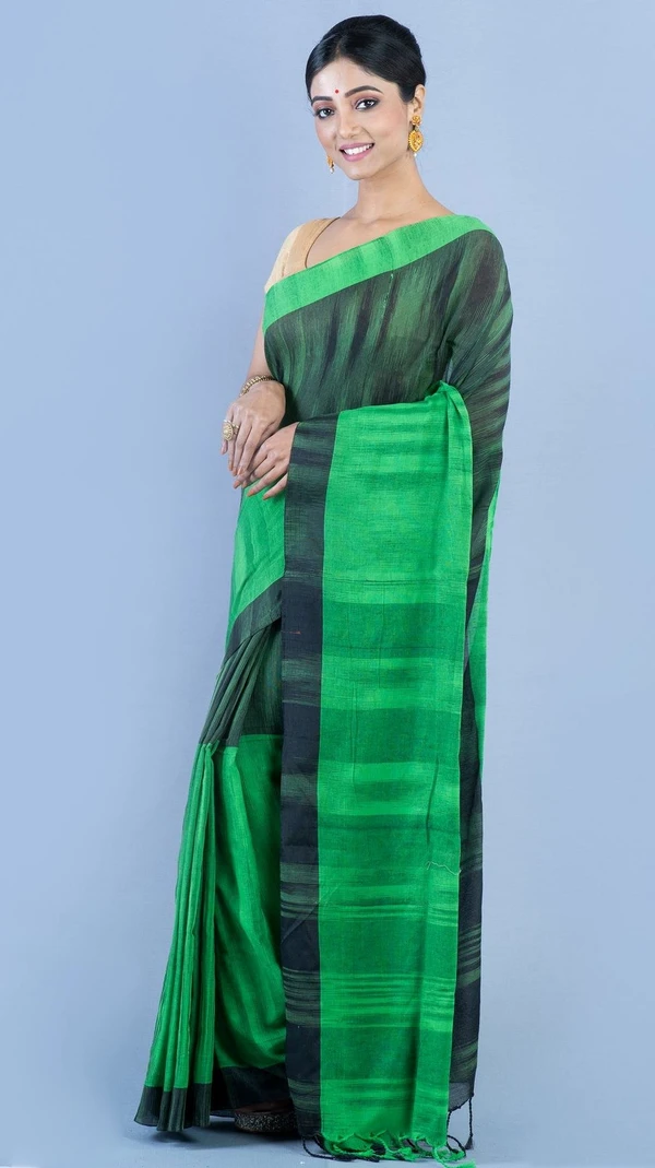 Handloom Two Colored Ikkat Jharna Saree - Green