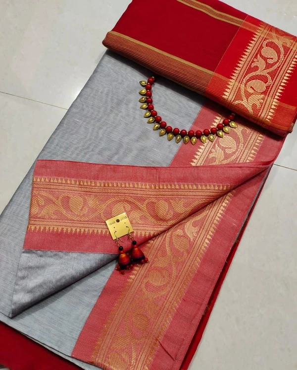 Handloom Naksha Border Cotton Silk Saree - Silver