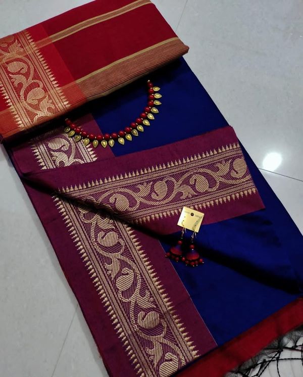 Handloom Naksha Border Cotton Silk Saree - Navy Blue