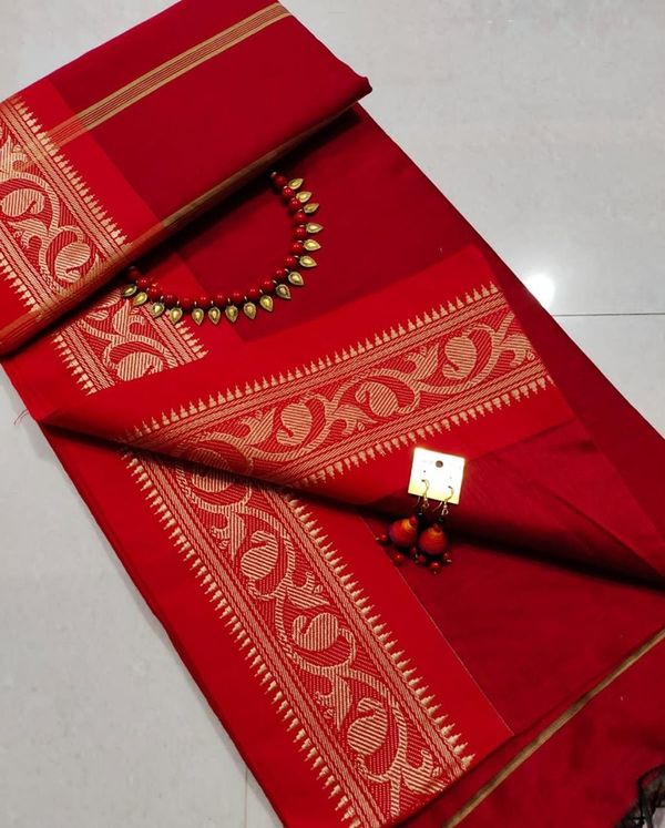 Handloom Naksha Border Cotton Silk Saree - Red