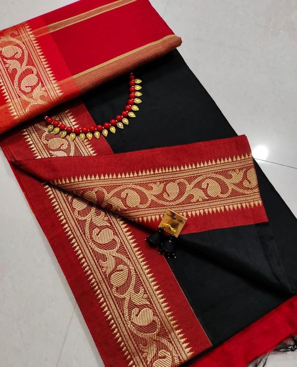 Handloom Naksha Border Cotton Silk Saree - Black