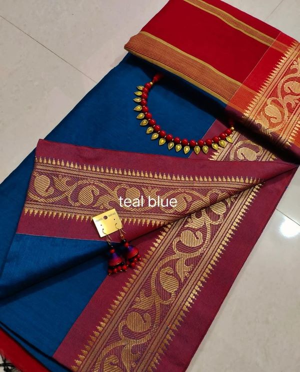 Handloom Naksha Border Cotton Silk Saree - Blue