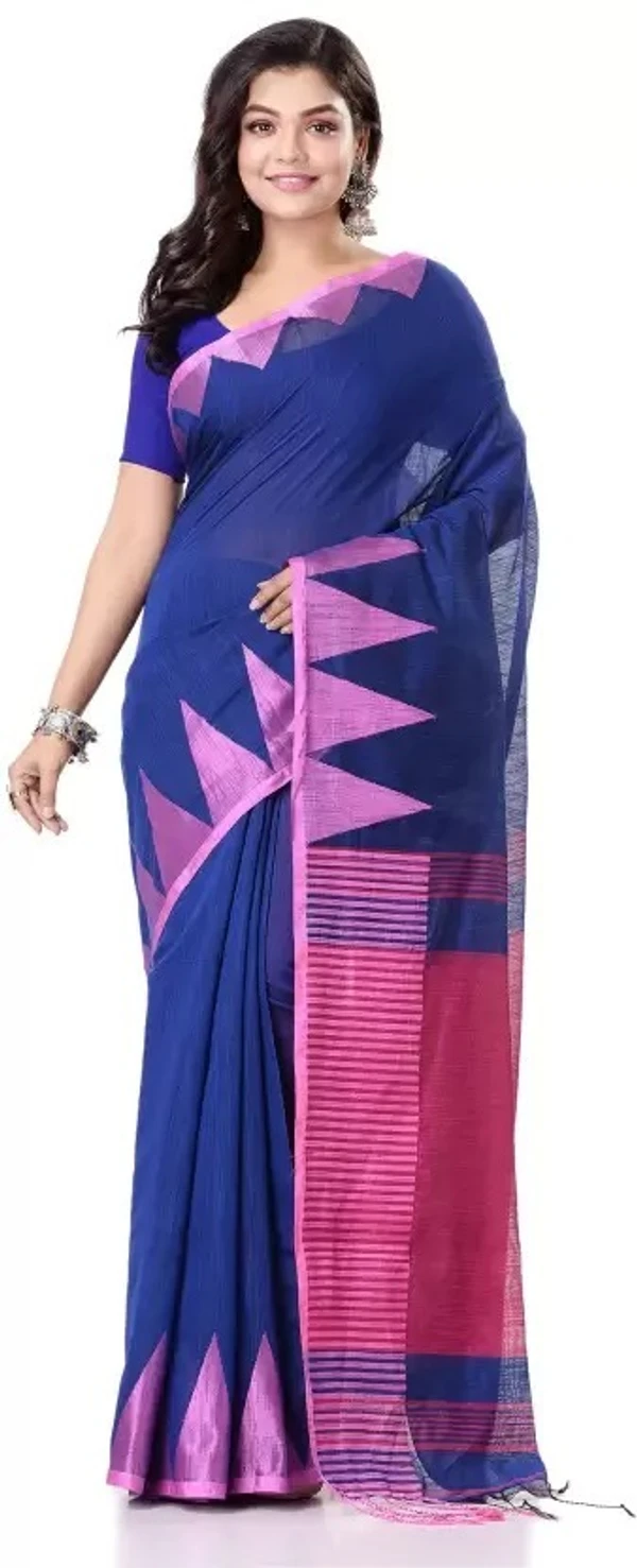 Handloom Traditional Tant Temple Border Saree - Blue & Purple