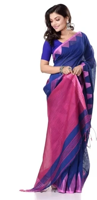 Handloom Traditional Tant Temple Border Saree - Blue & Purple