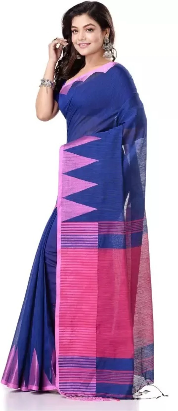 Handloom Traditional Tant Temple Border Saree - Blue & Purple