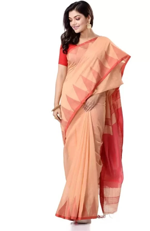 Handloom Traditional Tant Temple Border Saree - Peach & Red