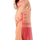 Handloom Traditional Tant Temple Border Saree - Peach & Red