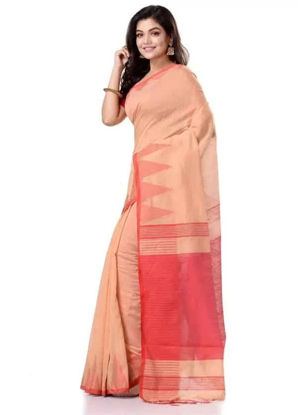 Handloom Traditional Tant Temple Border Saree - Peach & Red