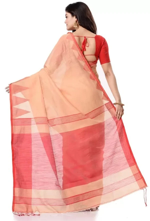 Handloom Traditional Tant Temple Border Saree - Peach & Red