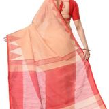 Handloom Traditional Tant Temple Border Saree - Peach & Red