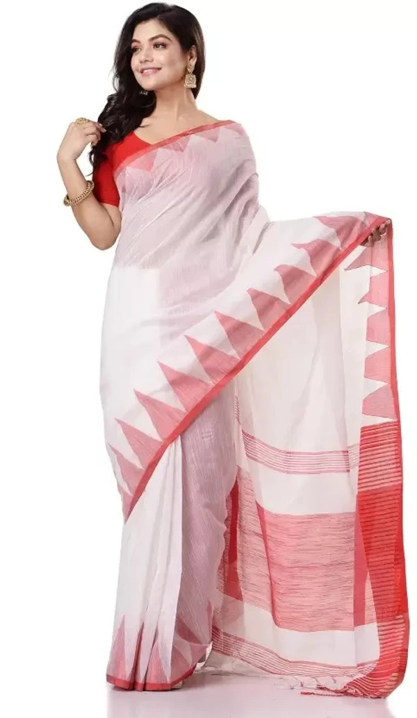 Handloom Traditional Tant Temple Border Saree - White & Red