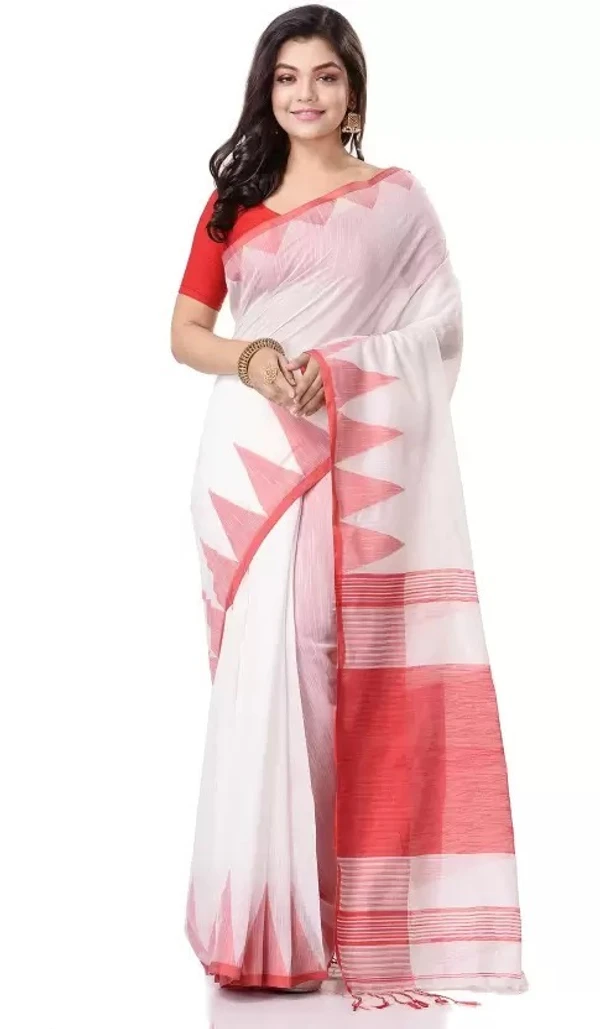 Handloom Traditional Tant Temple Border Saree - White & Red