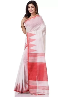 Handloom Traditional Tant Temple Border Saree - White & Red